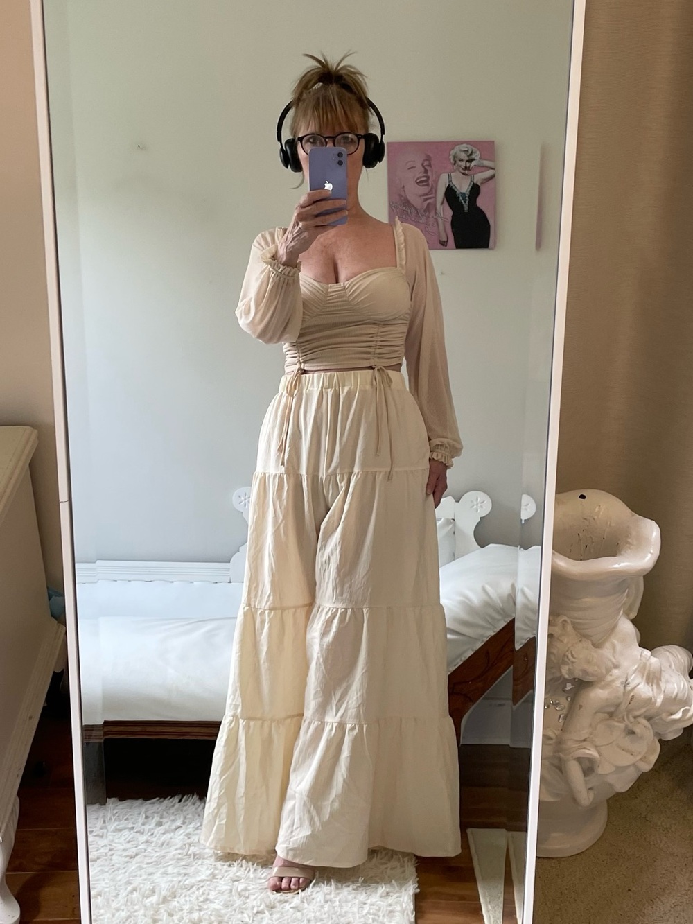 CREAM PANTALOONS STRETCH WAIST LAYERS SHEER WIDE LEG NEUTRAL